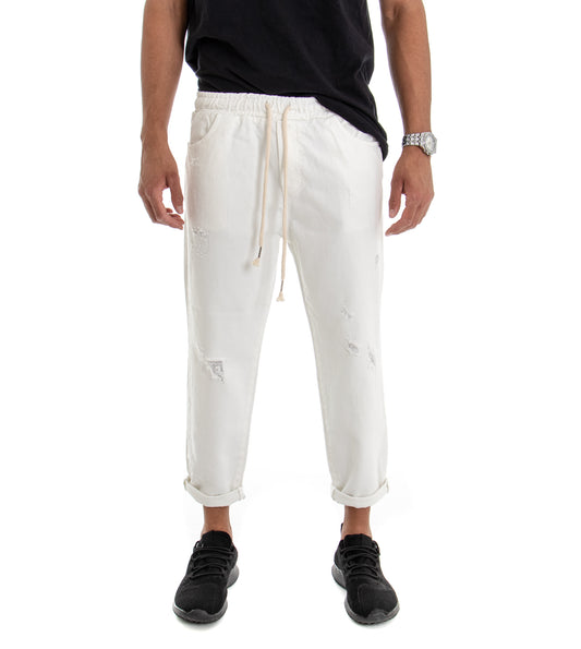 Pantaloni Uomo Jeans Con Coulisse Tinta Unita Bianco P3037