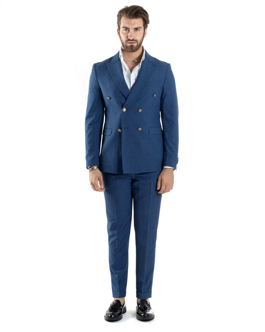 Abito Uomo Doppiopetto Vestito Completo Giacca Pantaloni Bottoni Metallo Blu Melangiato Elegante Casual-AE1056A