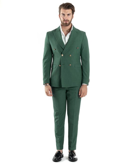 Abito Uomo Doppiopetto Vestito Completo Giacca Pantaloni Bottoni Metallo Verde Melangiato Elegante Casual-AE1057A