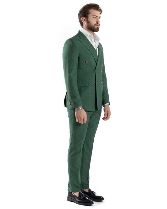 Abito Uomo Doppiopetto Vestito Completo Giacca Pantaloni Bottoni Metallo Verde Melangiato Elegante Casual-AE1057A