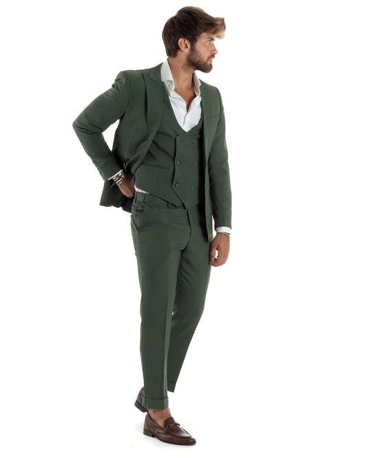 Abito Uomo Monopetto Vestito 3 Pezzi Completo Giacca Pantaloni Panciotto Elegante Sartoriale Verde Melangiato-AE1061A