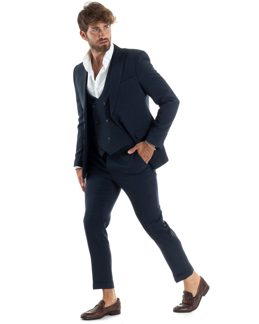 Abito Uomo Monopetto Vestito 3 Pezzi Completo Giacca Pantaloni Panciotto Elegante Sartoriale Blu Melangiato-AE1062A