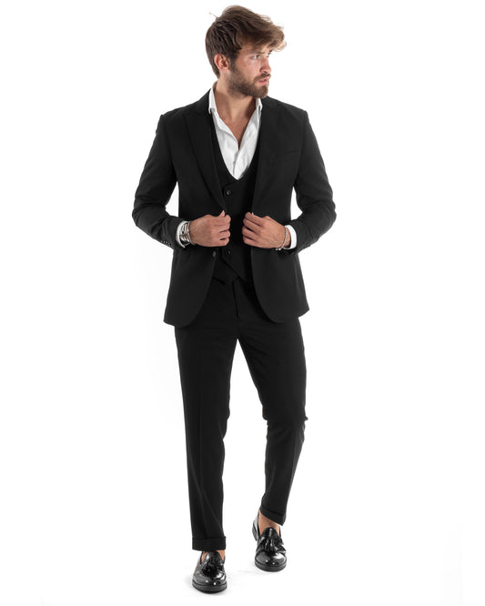 Abito Uomo Monopetto Vestito 3 Pezzi Completo Giacca Pantaloni Panciotto Elegante Sartoriale Nero-AE1067A