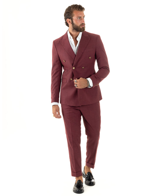 Abito Uomo Doppiopetto Vestito Completo Giacca Pantaloni Bottoni Metallo Bordeaux Melangiato Elegante Casual-AE1080A