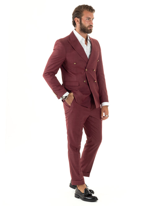 Abito Uomo Doppiopetto Vestito Completo Giacca Pantaloni Bottoni Metallo Bordeaux Melangiato Elegante Casual-AE1080A