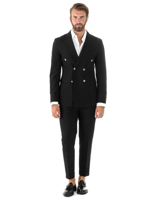 Abito Uomo Doppiopetto Vestito Completo Giacca Pantaloni Bottoni Metallo Nero Melangiato Elegante Casual-AE1081A