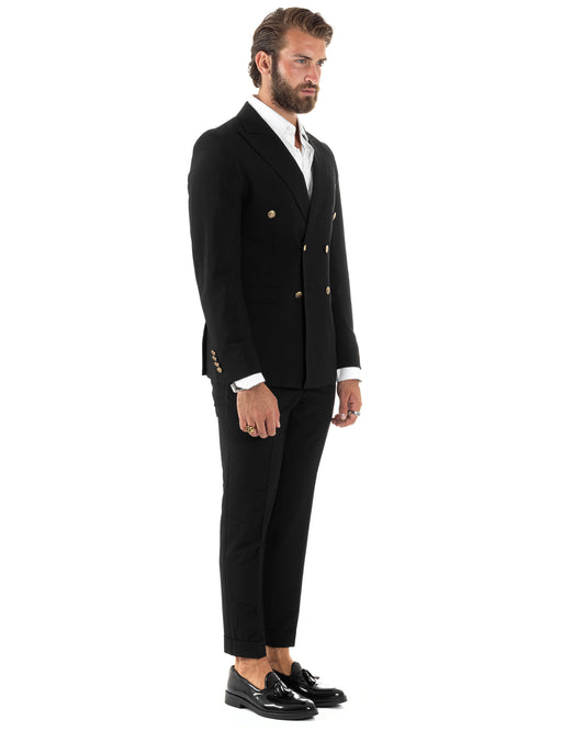 Abito Uomo Doppiopetto Vestito Completo Giacca Pantaloni Bottoni Metallo Nero Melangiato Elegante Casual-AE1081A