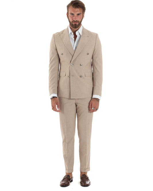 Abito Uomo Doppiopetto Vestito Completo Rigato Elegante Sartoriale Giacca Pantaloni Bottoni Metallo Fantasia Gessata Beige-AE1088A
