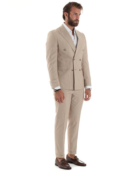 Abito Uomo Doppiopetto Vestito Completo Rigato Elegante Sartoriale Giacca Pantaloni Bottoni Metallo Fantasia Gessata Beige-AE1088A