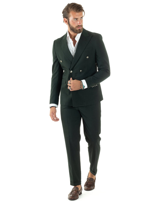 Abito Uomo Doppiopetto Vestito Completo Rigato Elegante Sartoriale Giacca Pantaloni Bottoni Metallo Fantasia Gessata Verde-AE1089A