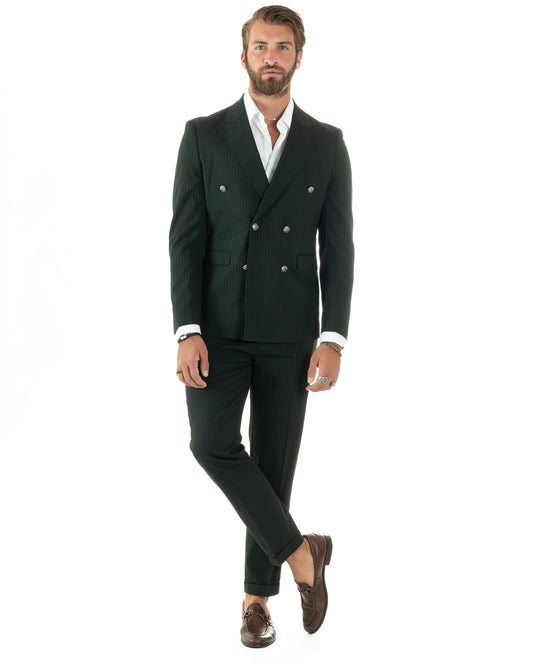 Abito Uomo Doppiopetto Vestito Completo Rigato Elegante Sartoriale Giacca Pantaloni Bottoni Metallo Fantasia Gessata Verde-AE1089A
