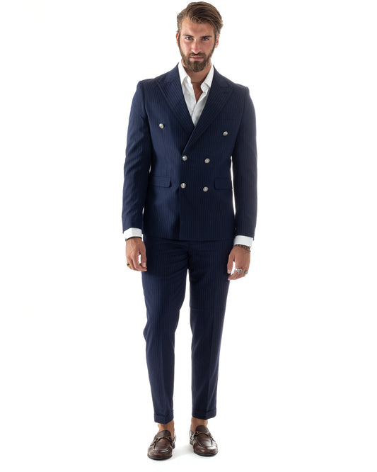 Abito Uomo Doppiopetto Vestito Completo Rigato Elegante Sartoriale Giacca Pantaloni Bottoni Metallo Fantasia Gessata Blu-AE1090A