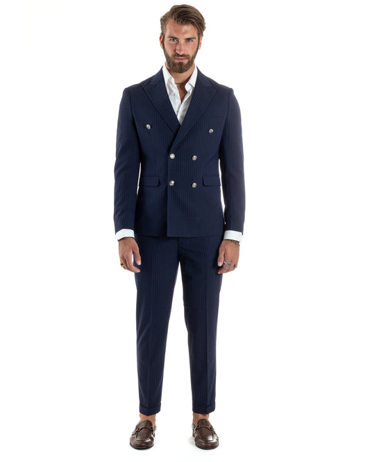 Abito Uomo Doppiopetto Vestito Completo Rigato Elegante Sartoriale Giacca Pantaloni Bottoni Metallo Fantasia Gessata Blu-AE1090A