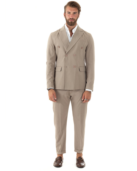 Abito Uomo Doppiopetto Vestito Sartoriale Elegante Completo Giacca Pantaloni Casual Tinta Unita Beige-AE1093A