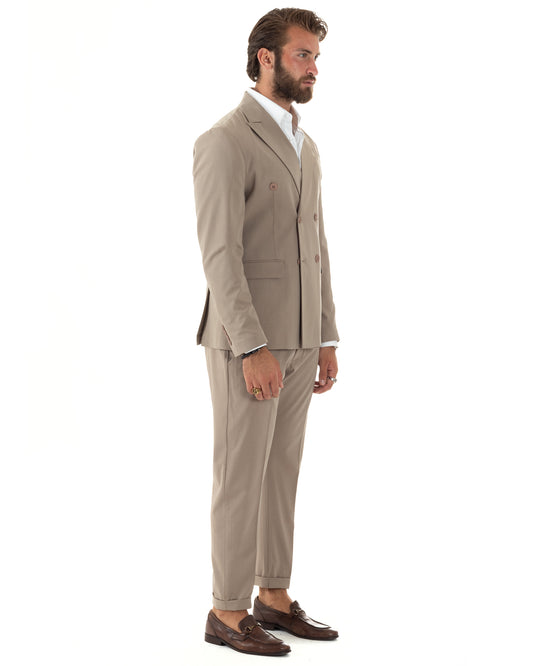 Abito Uomo Doppiopetto Vestito Sartoriale Elegante Completo Giacca Pantaloni Casual Tinta Unita Beige-AE1093A
