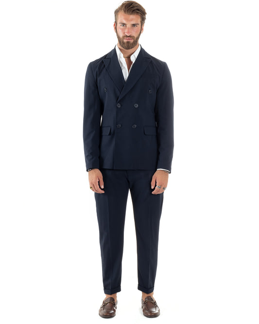 Abito Uomo Doppiopetto Vestito Sartoriale Elegante Completo Giacca Pantaloni Casual Tinta Unita Blu-AE1094A