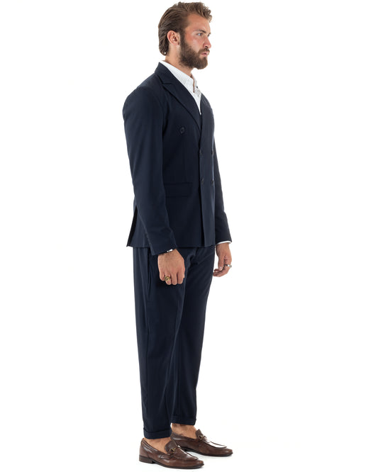 Abito Uomo Doppiopetto Vestito Sartoriale Elegante Completo Giacca Pantaloni Casual Tinta Unita Blu-AE1094A