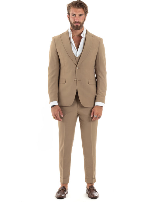 Abito Uomo Monopetto Vestito 3 Pezzi Completo Giacca Pantaloni Panciotto Elegante Sartoriale Camel-AE1096A