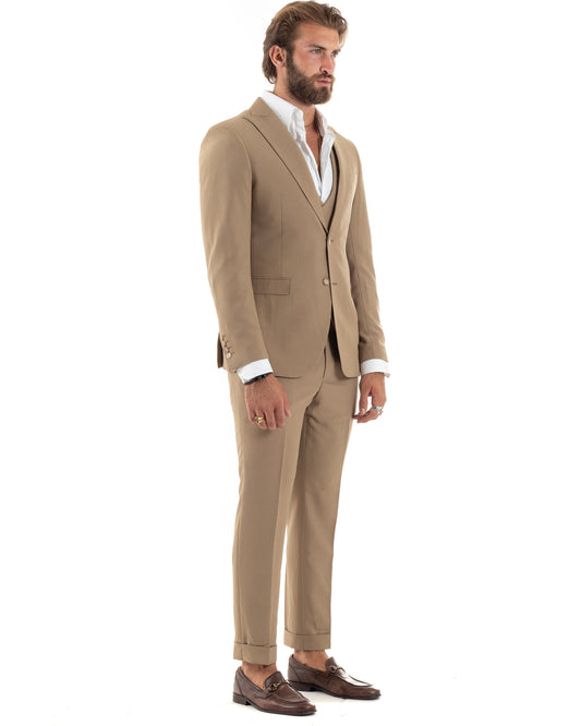 Abito Uomo Monopetto Vestito 3 Pezzi Completo Giacca Pantaloni Panciotto Elegante Sartoriale Camel-AE1096A