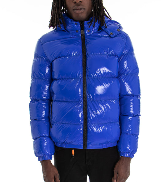 Giubbotto Uomo Vernice Lucido Bomber Con Cappuccio Puffer Piumino Trapuntato Tinta Unita Blu Royal-G2373A