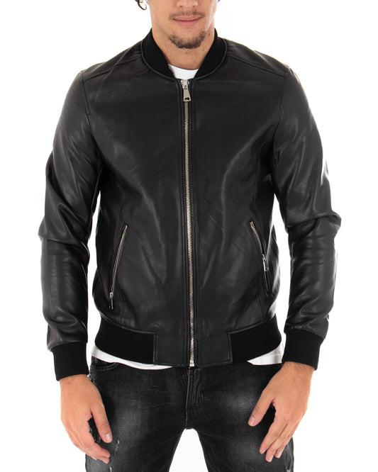 Giubbotto Uomo College Ecopelle Tinta Unita Nero-G2859A