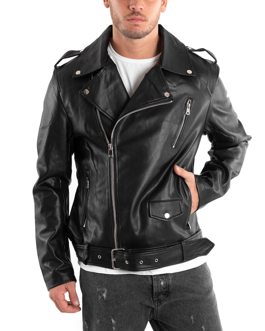 Giubbotto Uomo Biker Chiodo Ecopelle Morbida Tinta Unita Nero Casual-G2873A