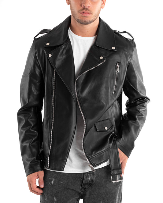 Giubbotto Uomo Biker Chiodo Ecopelle Morbida Tinta Unita Nero Casual-G2873A