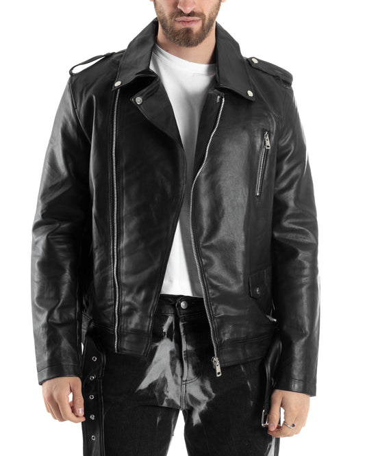 Giubbotto Uomo Biker Chiodo Ecopelle Morbida Tinta Unita Nero Casual-G3169A