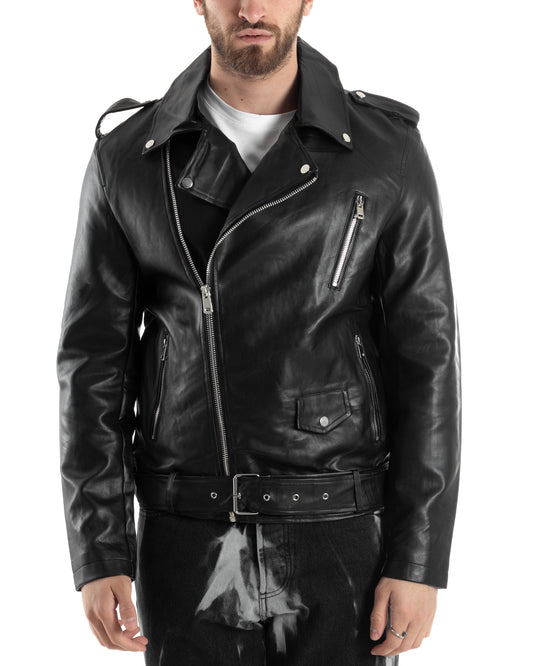 Giubbotto Uomo Biker Chiodo Ecopelle Morbida Tinta Unita Nero Casual G3169A