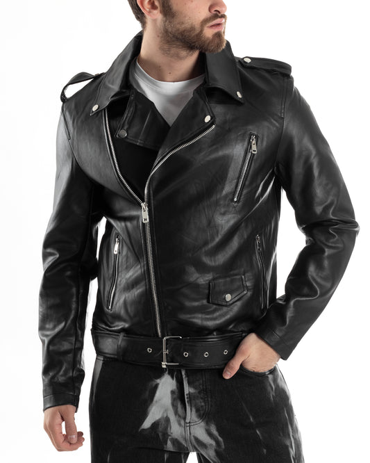 Giubbotto Uomo Biker Chiodo Ecopelle Morbida Tinta Unita Nero Casual G3169A