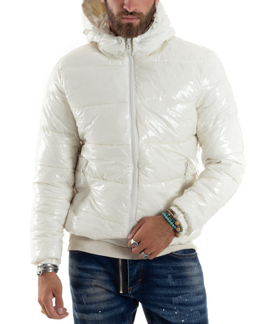 Giubbotto Uomo Vernice Lucido Bomber Con Cappuccio Puffer Piumino