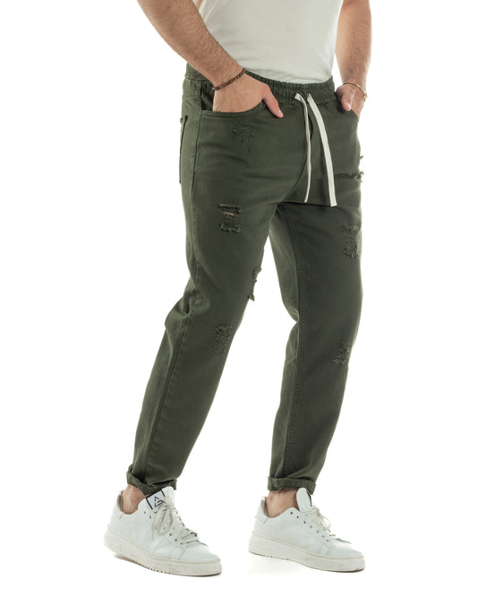 Jogger Uomo Pantaloni Jeans Pantalaccio Abrasioni Coulisse Rotture Causal Tinta Unita Verde JS1104A