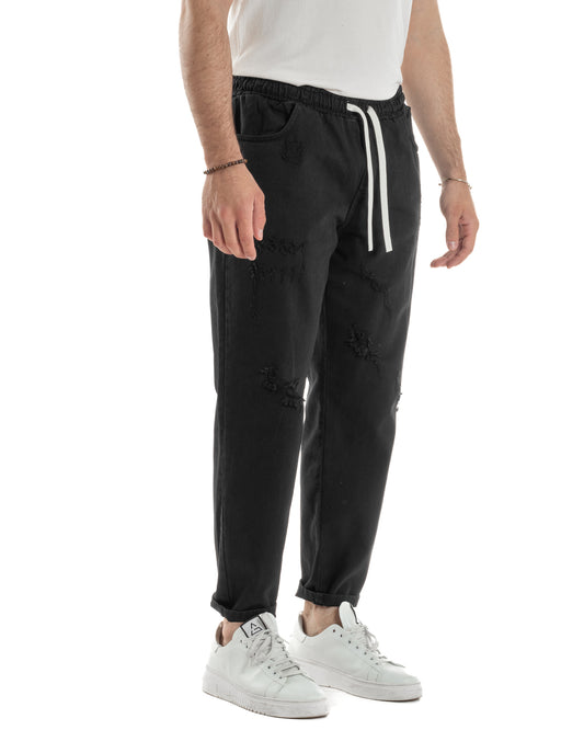 Jogger Uomo Pantaloni Jeans Pantalaccio Abrasioni Coulisse Rotture Causal Tinta Unita Nero JS1105A