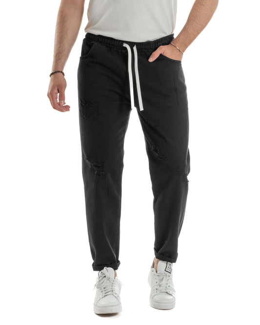 Jogger Uomo Pantaloni Jeans Pantalaccio Abrasioni Coulisse Rotture Causal Tinta Unita Nero JS1105A