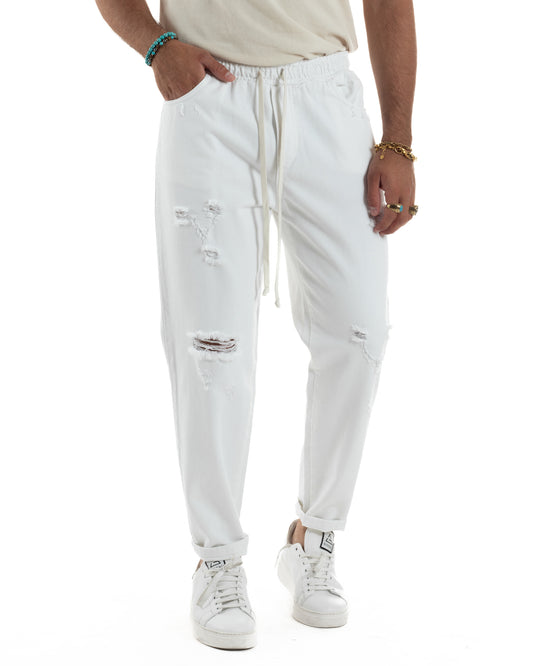 Jogger Uomo Pantaloni Jeans Pantalaccio Abrasioni Coulisse Rotture Causal Tinta Unita Bianco JS1106A
