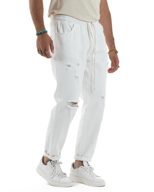 Jogger Uomo Pantaloni Jeans Pantalaccio Abrasioni Coulisse Rotture Causal Tinta Unita Bianco JS1106A