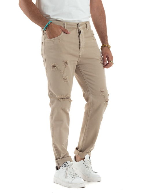 Jeans Uomo Pantaloni Cinque Tasche Rotture Regular Fit Casual Tinta Unita Beige JS1107A