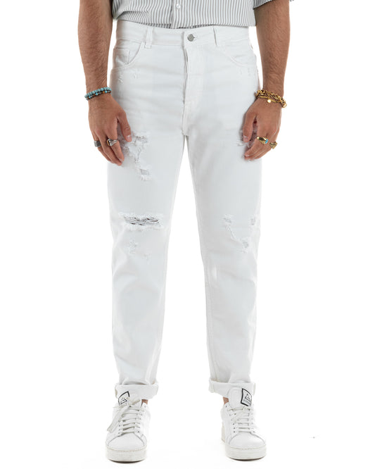Jeans Uomo Pantaloni Cinque Tasche Rotture Regular Fit Casual Tinta Unita Bianco JS1108A