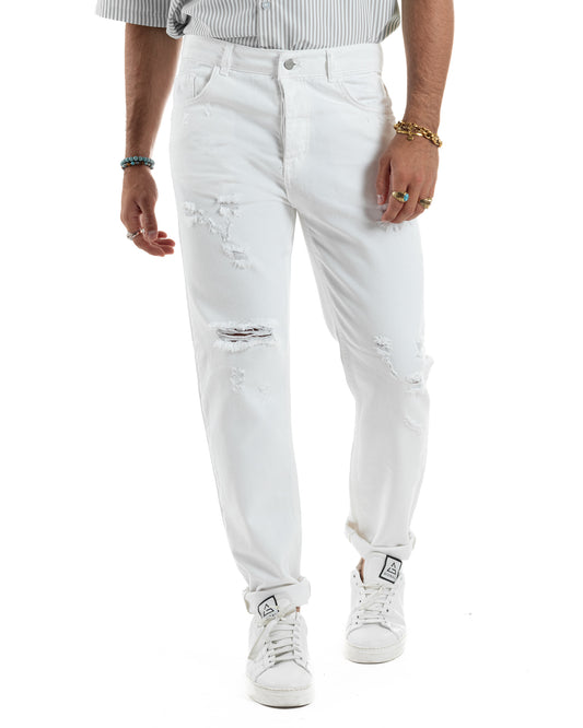 Jeans Uomo Pantaloni Cinque Tasche Rotture Regular Fit Casual Tinta Unita Bianco JS1108A