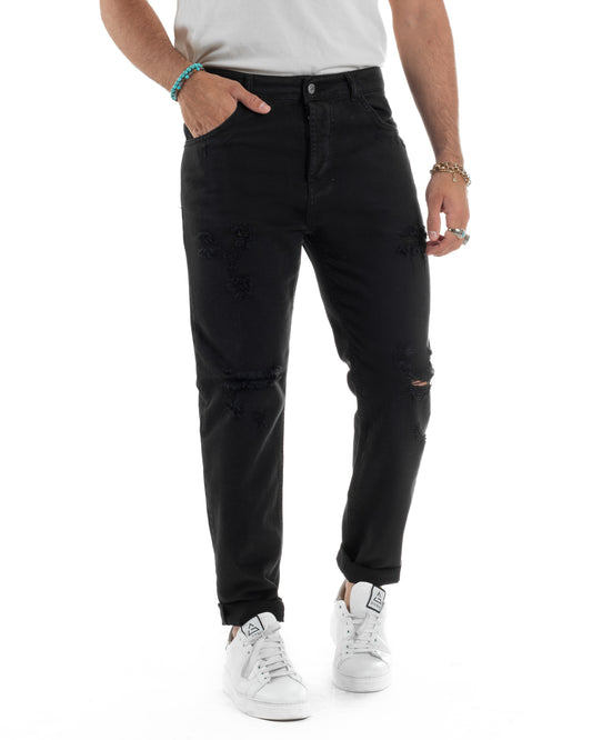Jeans Uomo Pantaloni Cinque Tasche Rotture Regular Fit Casual Tinta Unita Nero JS1109A