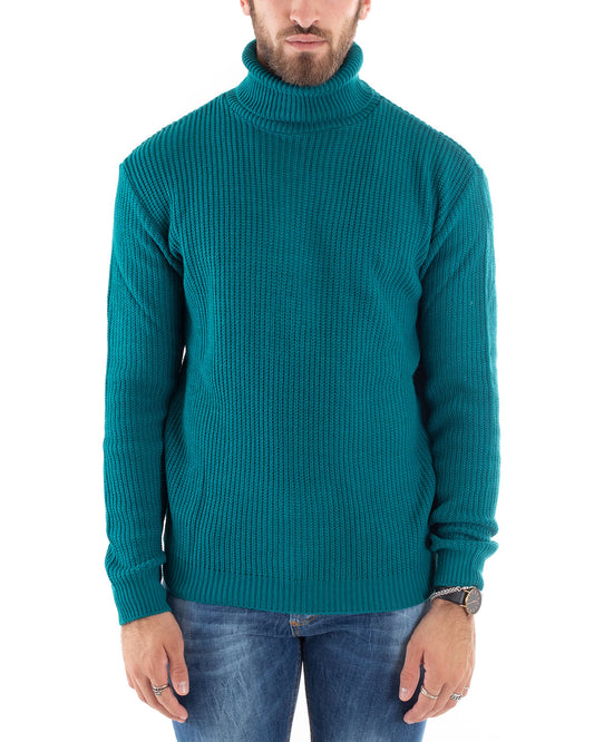 Maglioncino Uomo Collo Alto Tinta Unita Petrolio Maglia Inglese Dolcevita Basic-M2344A