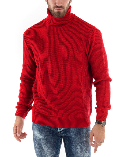 Maglioncino Uomo Collo Alto Tinta Unita Rosso Maglia Inglese Dolcevita Basic-M2599A