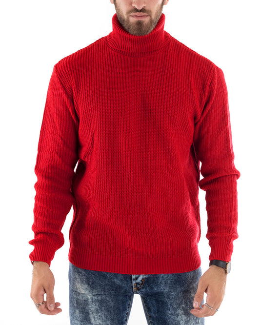Maglioncino Uomo Collo Alto Tinta Unita Rosso Maglia Inglese Dolcevita Basic-M2599A