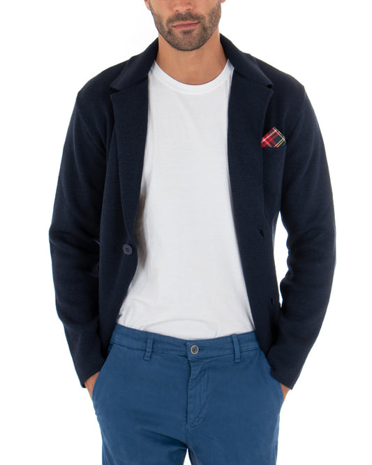 Cardigan Uomo Giacca Con Bottoni Maglia Maglioncino Tinta Unita Blu Casual-M2664A