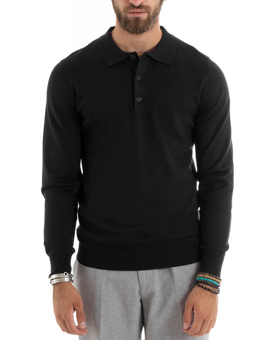 Maglioncino Uomo Casual Maglia Con Colletto Polo Tinta Unita Basic Nero-M2680A