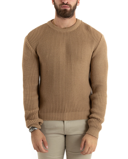 Maglioncino Uomo Girocollo Tinta Unita Camel Melangiato Maglia Inglese Basic-M2756A