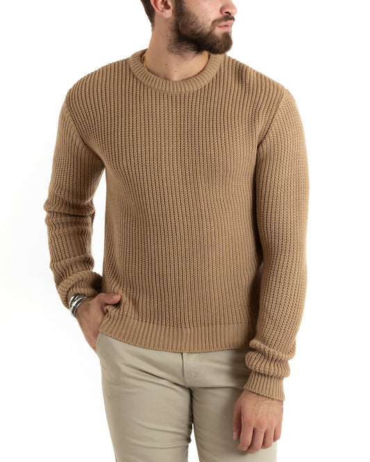 Maglioncino Uomo Girocollo Tinta Unita Camel Melangiato Maglia Inglese Basic-M2756A