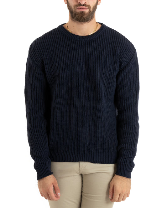 Maglioncino Uomo Girocollo Tinta Unita Blu Melangiato Maglia Inglese Basic-M2760A