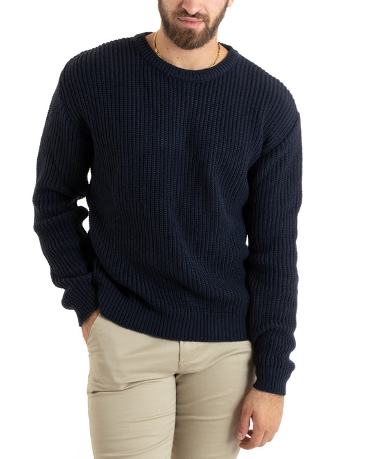 Maglioncino Uomo Girocollo Tinta Unita Blu Melangiato Maglia Inglese Basic-M2760A