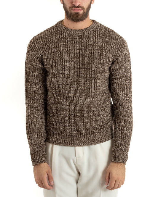 Maglioncino Uomo Girocollo Tinta Unita Beige Melangiato Maglia Inglese Basic-M2764A